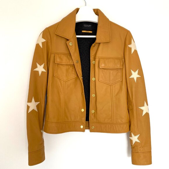 Maison Scotch Tan Star Print Leather Jacket XS - Picture 3 of 7